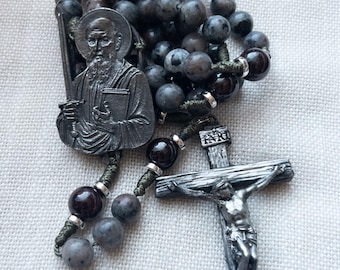 Handmade Saint Paul the Apostle Rosary - Yooperlite & Garnet Stone Beads with Hand-Cast Pewter Centerpiece and Crucifix - Catholic Gift