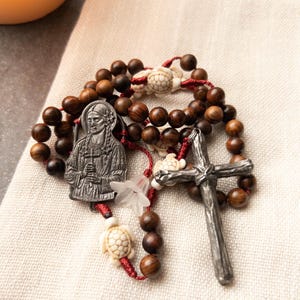 Handmade Saint Kateri Rosary - Rose Wood & Stone Turtle Beads with Hand-Cast Pewter Centerpiece and Cross - Catholic Native American Gift