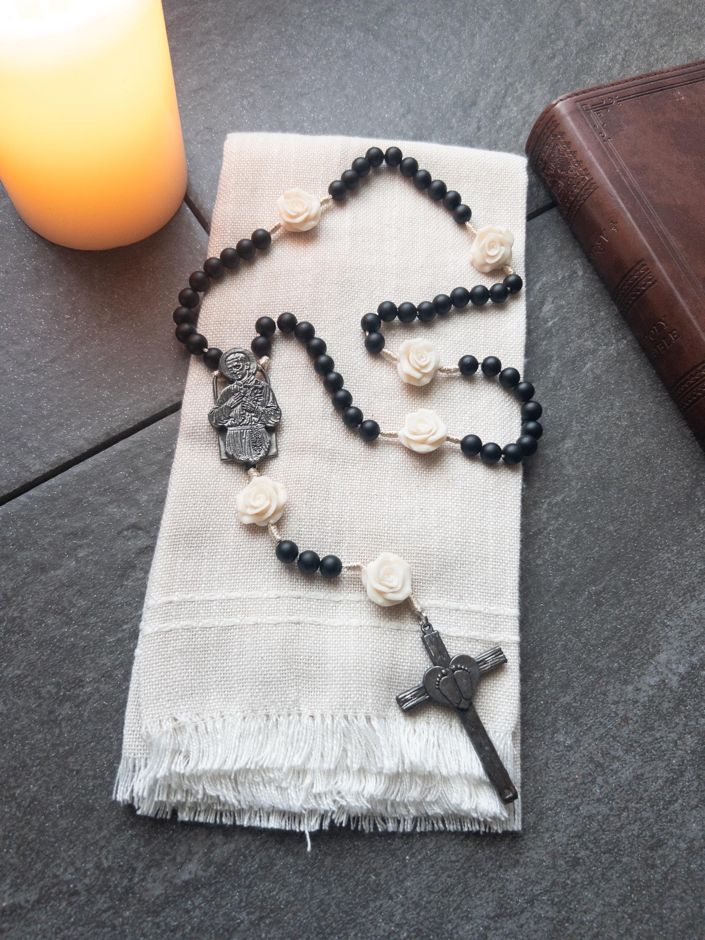 Handmade Saint Gerard Majella Rosary – Black Onyx & Cream Rose Beads ...