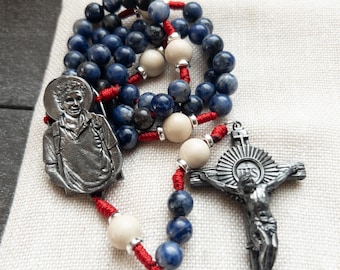 Handmade Saint  Carlo Acutis Rosary – Sodalite and Fossil Jasper Stone Beads with Hand-Cast Pewter Centerpiece and Cross – Catholic Gift