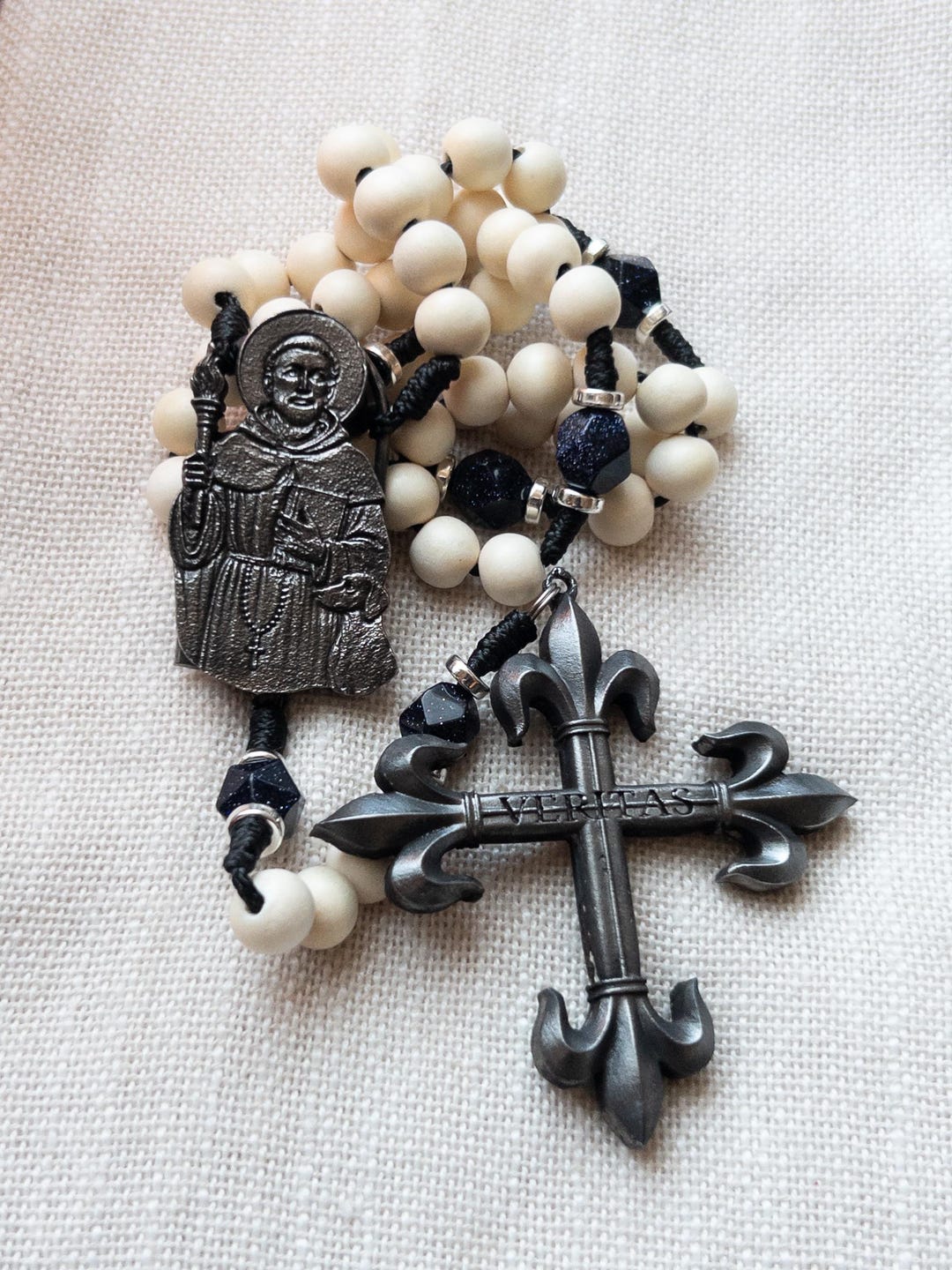 Handmade Saint Dominic Rosary - White Pangantun & Blue Star Stone Beads ...