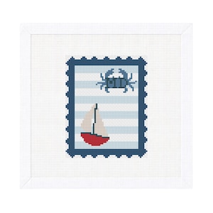 Maryland Crab Sailboat Travel Stamp Needlepoint Canvas – Vintage Postcard Style – Ornament, Bag Charm