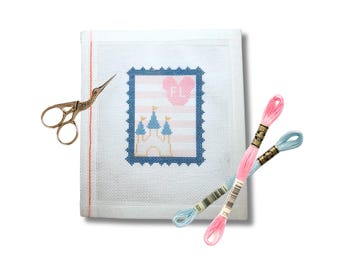 Florida Princess Theme Park Stamp Needlepoint Canvas – Vintage Postcard Style Ornament, Bag Charm, Castle