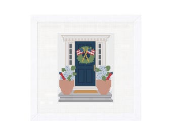 Fourth of July Needlepoint Canvas – New England Door, American Flag, Hydrangeas (4x5)