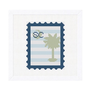 Lienzo bordado con sello de viaje de Carolina del Sur – Estilo postal vintage – Adorno, dije para bolso