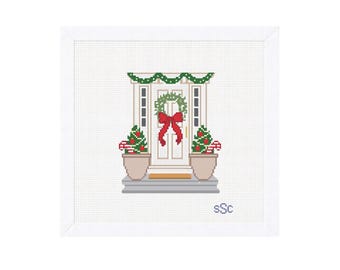 Kerstdeurdecoratie op canvas – Deur in New England-stijl met krans, groen en zuurstokken – 18 mazen, 4x5