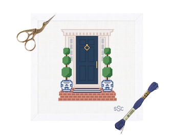 Blue and White Doorway Needlepoint Canvas – New England Style Door with Chinoiserie/Ginger Jar and Topiary