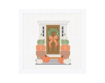 Fall, Autumn Doorway Needlepoint Canvas – New England Style Door with Porch Pumpkins – 18 Mesh, 4x5
