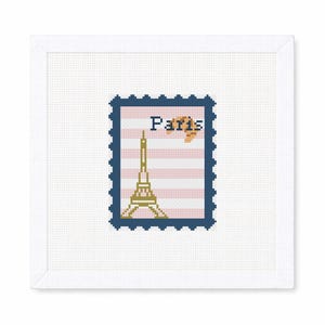 Paris France Travel Stamp Needlepoint Canvas – Vintage Postcard Style – Ornament, Bag Charm