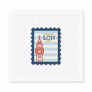 May include: A cross-stitch design of a postage stamp featuring the London Big Ben clock tower. The stamp is blue with a red and orange clock tower and the word "LON" in blue. The background is white.