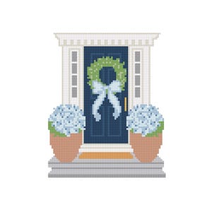 May include: A cross-stitch design of a navy blue front door with a green wreath and a white bow. Two pots of blue hydrangeas flank the door. A welcome mat and steps complete the scene.