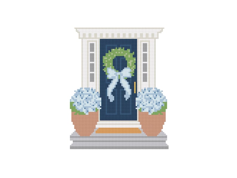 May include: A cross-stitch design of a navy blue front door with a green wreath and a white bow. Two pots of blue hydrangeas flank the door. A welcome mat and steps complete the scene.