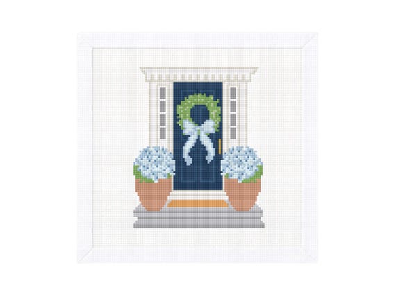 Summer Doorway Needlepoint Canvas – New England Style Door with Hydrangeas and bows – 18 Mesh, 4x5