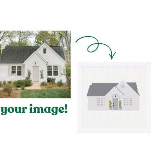 May include: A framed cross-stitch of a white house with a gray roof, windows, and a door. The cross-stitch is in a white frame. The image is next to a photograph of the house. The text "your image!" is below the photograph.