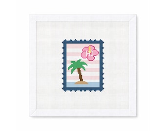 Hawaii Travel Stamp Needlepoint Canvas – Palm Tree, Hibiscus - Vintage Postcard Style – Ornament, Bag Charm