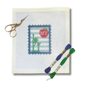 New York Travel Stamp Needlepoint Canvas – Vintage Postcard Style – Ornament, Bag Charm