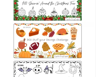 May include: Three colorful savings challenge trackers with festive themes. The top tracker features Christmas ornaments and the text "$60 Save-in' Around the Christmas Tree." The middle tracker has fall-themed images and the text "$100 Stuff your Savings Challenge." The bottom tracker has Halloween images and the text "$120 Batty for Budgeting Challenge."