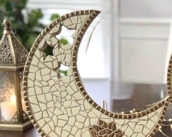 Ramadan White Mosaic Moon Decor with Gold Accents