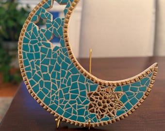Ramadan Turquoise Mosaic Moon Decor with Gold Accents