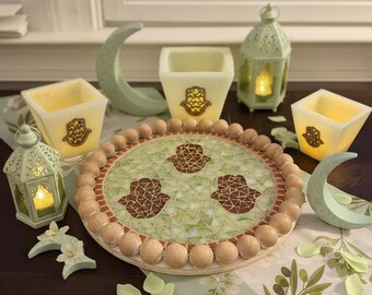 Handcrafted  KHamsa Mosaic Tray & LED Candle Holder Set