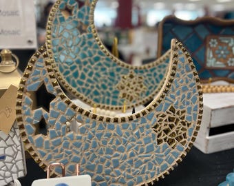 Ramadan Light Blue Mosaic Moon Decor with Gold Accents