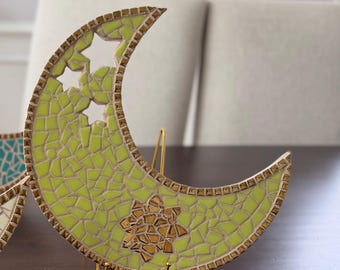 Ramadan Lime Green Mosaic Moon Decor with Gold Accents