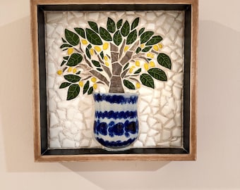 Mediterranean Lemon Tree Mosaic in Cobalt Blue Pot.