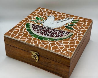 Palestine Mosaic wooden Box featuring Dove of Peace & Watermelon and olive branch Artwork