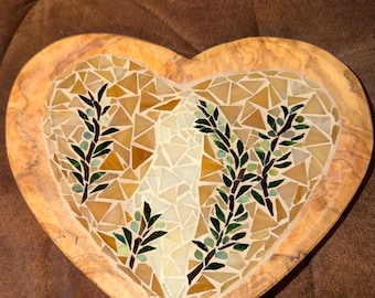 Olive Wood Heart Dish: Palestine Map Mosaic, Olive Branch Detail