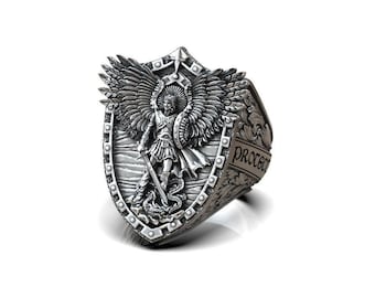 Saint Michael Sterling Silver Ring: Archangel Shield & Dragon Wings