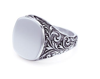 Engraved Filigree Signet Ring – Vintage-Inspired Ornate Band in 14k Gold or Sterling Silver, Personalized Engravable Statement Ring