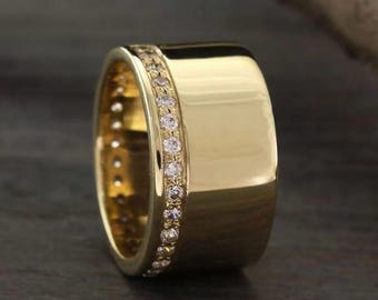 Wide Diamond Cigar Band Ring – 14k Solid Gold Statement Band, Bold Diamond Pavé Edge Ring, Modern Luxury Wedding Band for Women