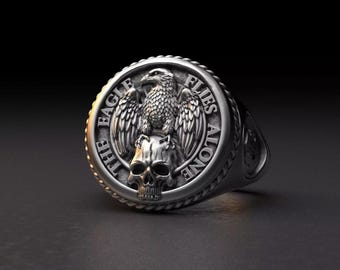 The Eagle Flies Alone Signet Ring – Sterling Silver Men’s Skull Eagle Rings, Statement Gift