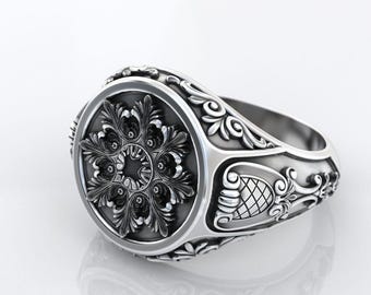 Sterling Silver Gothic Floral Ring | Vintage Inspired Ornate Medallion