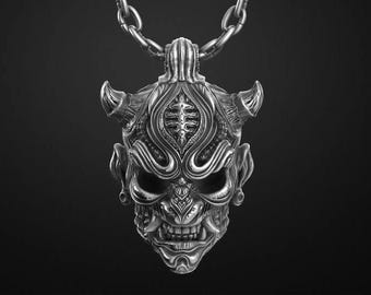 Hannya Oni Mask Pendant – Sterling Silver Japanese Demon Samurai Charm