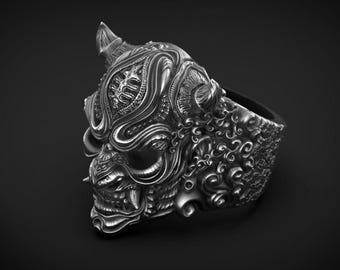 Samurai Oni Mask Ring – Sterling Silver Demon Face Ring for Men, Japanese Warrior Statement Ring