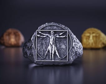 Vitruvian Man Signet Ring: Renaissance Art Band in Gold or Sterling Silver