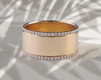 Diamond Edge Cigar Band, 14k Solid Gold Wide Ring, Modern Minimalist Statement Wedding Band