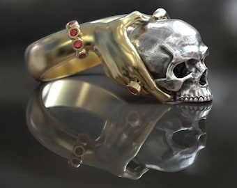 Skull and Hand Ring, 14k Gold and Silver Gothic Statement Ring, Dual Tone Punk Jewelry