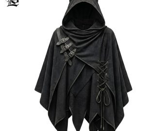 Black Gothic Hooded Poncho Cloak, Bat Ear Cape, Witch Hooded Shawl, Dark Academia Wrap, Medieval Fantasy LARP Costume