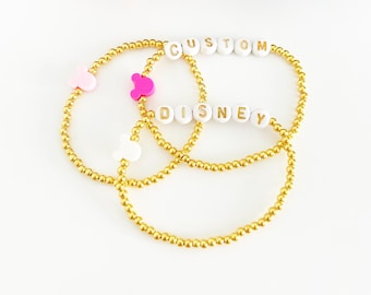 18k Gold Plated Dainty Disney Bracelet | Custom Mickey Mouse Bead Color | Custom Text