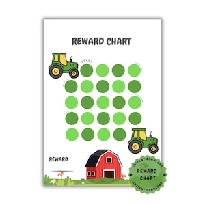 May include: A printable reward chart with a farm theme. The chart features a green tractor, a red barn, and green circles for tracking progress. The words "Reward Chart" are at the top, and "Reward" is at the bottom.