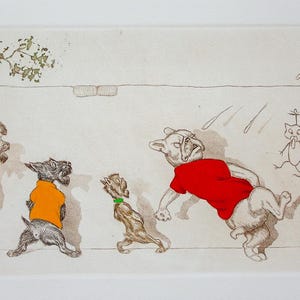 May include: A whimsical illustration featuring anthropomorphic dogs and cats in various poses. The dogs wear colorful shirts, including green, orange, red, and yellow. The phrase "Mort aux Chats" is visible. The artwork has a vintage, hand-drawn style.