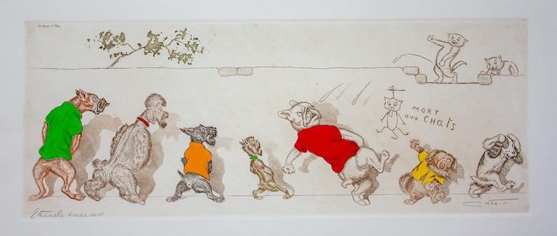May include: A whimsical illustration featuring anthropomorphic dogs and cats in various poses. The dogs wear colorful shirts, including green, orange, red, and yellow. The phrase "Mort aux Chats" is visible. The artwork has a vintage, hand-drawn style.