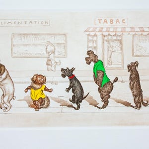 Op de afbeelding: Een grillige aquarelprint met antropomorfe honden in een straatbeeld. De honden dragen shirts en jassen in verschillende kleuren. De print bevat de woorden "ALIMENTATION" en "TABAC".