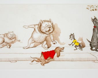 A la Queue - Boris O'Klein "Dogs of Paris" original hand coloured etching
