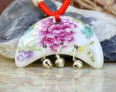 Unique Mixcolor Moon Peach Rose Flower Chinese handmade painted porcelain Pendant , Moon Large 54mmx22mm Handmade Bead ,Love Wedding Jewelry