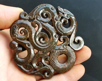 Dragon brown Jade Pendant Amulet Mythical Animals Necklace Pendant Jewerly B1 Chinese ancient Jade stone Pendant Charm Circle Carved Rich