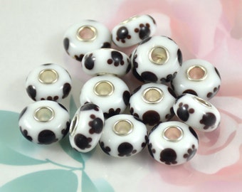 Handmade Lampwork Glass Charm Beads: Black Flower Rondelle, 4.5mm Hole