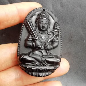 Chinese bodhisattva Black Obsidian stone Pendant, Oval Amulet Necklace Pendant Jewerly, for handmade making jewelry